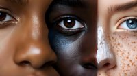 Close-up of diverse female faces showing different skin tones, textures, and eye colors in a beauty portrait highlighting human diversity and inclusion.