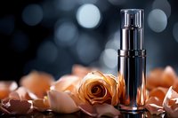 Luxury cosmetic bottle with peach rose petals on dark background with bokeh lights. Elegant skincare product photography for beauty and wellness advertising.