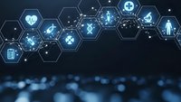 Digital healthcare technology network with medical icons in hexagonal pattern on dark blue background for modern medicine and telemedicine applications.