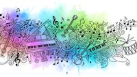 Musical instruments and notes flowing in colorful watercolor splash with piano keys, guitar, drums and treble clef symbols for creative design projects.