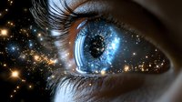 Macro shot of bright blue eye with cosmic galaxy reflection, sparkling stars and light effects in pupil showing universe and space exploration concept.
