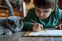 Young Caucasian boy in green sweater doing homework while grey British shorthair cat lies nearby on wooden table, creating cozy study atmosphere at home.