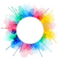 Vibrant watercolor splash frame with white circle center for text, featuring rainbow colors and dynamic paint splatters on transparent background.