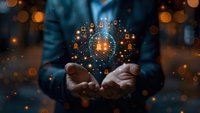 Digital network of glowing orange user icons floating above cupped hands, representing social connectivity and data management in business technology concept.