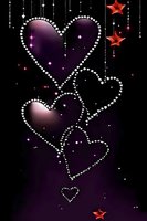 Glamorous purple hearts with diamond borders and red stars on dark background with sparkling light effects.