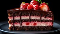 Layered chocolate cake slice with strawberry cream filling, topped with fresh strawberries and dark chocolate ganache drip on black plate against dark background.