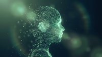 Digital human head profile made of green glowing particles and dots on dark background representing artificial intelligence and technology concepts.