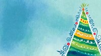 Festive watercolor Christmas tree with colorful ornaments and decorative swirls on blue background.