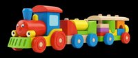 Colorful toy train set with stacking blocks, isolated on transparent background. Ready for clipart, t-shirt design, print-on-demand products, stickers, and sublimation projects.