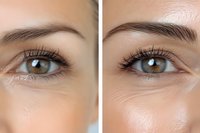 Close-up comparison of female eyes with natural makeup, showing long eyelashes and defined eyebrows against clean skin texture. For beauty and cosmetic advertising.