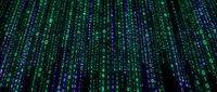 Digital matrix code rain with green and blue binary data streams flowing downward creating futuristic cyberpunk atmosphere for technology backgrounds.