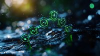 Glowing green hexagonal molecular structure on dark wet surface with bokeh light effects and water drops, scientific concept for chemistry and technology.