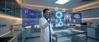 Male doctor in white coat using holographic medical interface displaying human organs and data in modern laboratory setting for healthcare technology.
