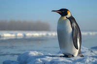 Emperor penguin standing majestically on snow-covered ice against blurred Antarctic landscape background with soft morning light creating peaceful winter scene.
