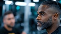 Athletic African American man with salt and pepper beard in black t-shirt looking focused at gym, profile view against blurred fitness equipment background.
