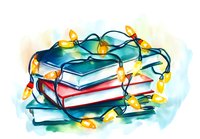 Stack of books wrapped in glowing string lights against watercolor background, creating cozy reading atmosphere for education and literature concepts.