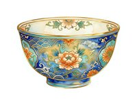 Ornate ceramic bowl with blue and gold floral motifs, featuring hand-painted sunflowers and decorative patterns. Isolated on white background, suitable for design projects.