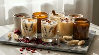 Assorted scented candles in glass and amber jars with dried flowers and botanicals on marble tray, home fragrance and interior decoration.