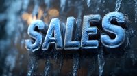 Frozen blue letters spelling SALES with icy texture and frost effect against dark background, dramatic lighting creates depth and winter atmosphere.
