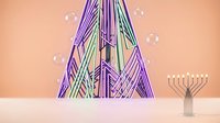 Modern geometric Christmas tree with purple and green stripes on coral background with menorah and floating bubbles for holiday celebration decor.