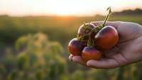 Fresh ripe tomatoes held in cupped hands during golden hour sunset in organic farm field. Harvest season agricultural concept for healthy eating and farming.