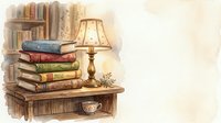 Stacked vintage books with brass lamp on wooden shelf, bookcase background, cozy reading nook for library, education, literature design projects.