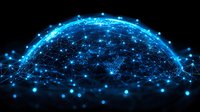 Glowing blue network connections forming global sphere shape with light dots and lines representing digital communication and worldwide data exchange.