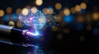 Digital brain hologram emerging from smartphone screen with glowing neural networks and bokeh lights representing artificial intelligence technology.