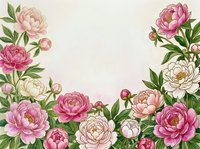 Watercolor peony floral frame with pink and white blooms, green leaves, and soft pastel background, perfect for greeting cards and invitations.