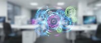 Digital brain with colorful gears and circuits floating in modern office workspace representing artificial intelligence and innovation in business technology.