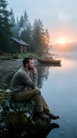 Contemplative man sitting by misty lake at sunrise with rustic cabin and wooden boat creating peaceful wilderness retreat atmosphere for relaxation content.