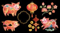 Colorful decorative pigs and lanterns with floral motifs isolated on transparent background. Ready for t-shirt designs, clipart, stickers, sublimation, print-on-demand products and festive crafts.