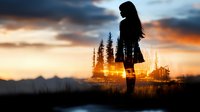 Young woman silhouette standing in field at sunset with dramatic sky and pine forest background, double exposure effect creates dreamy atmospheric mood. Perfect for book covers.