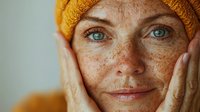 Close-up portrait of mature Caucasian woman with freckles and striking blue eyes wearing orange knit hat, touching her face with both hands against neutral background.