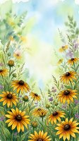 Watercolor wildflower meadow with yellow daisies and purple blooms creating natural frame border for spring summer designs and botanical artwork.