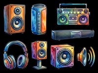Watercolor audio equipment clipart set isolated on transparent background. Speakers, boombox, headphones, soundbar for t-shirt design, stickers, print on demand.