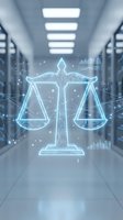Digital justice scales hologram floating in modern data center corridor with glowing blue light effects and network connections for legal technology concepts.