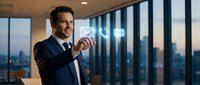Young male professional, Caucasian, wearing dark business suit and tie, holding smartphone in modern office with floor-to-ceiling windows overlooking city skyline at sunset, suitable for corporate and technology concepts.