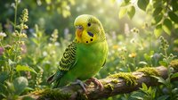 Green and yellow budgie perched on a moss-covered branch surrounded by lush foliage and wildflowers in natural sunlight, suitable for pet care and nature content.