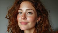 Young Caucasian woman with curly auburn hair and freckles smiling warmly at camera in natural lighting for lifestyle and beauty content.