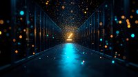 Glowing corridor with blue and orange bokeh lights reflecting on wet floor, leading to bright illuminated doorway creates futuristic atmosphere.