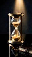 Golden sand flows through glass chambers in brass hourglass with dramatic spotlight, symbolizing passage of time, deadline urgency, and business productivity for corporate and editorial projects.