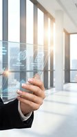 Businessperson holding a transparent futuristic tablet with work optimization and productivity analytics icons in a modern sunlit office.