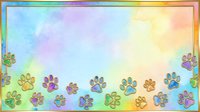 Colorful paw prints border a soft rainbow gradient background, creating a cheerful design suitable for pet-related projects, greeting cards, and children's artwork.