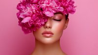 Young Asian woman with pink peony flowers on head against pink background, closed eyes and glossy lips, showcasing natural beauty and spring fashion concept.