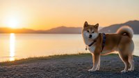 Shiba Inu dog standing on lakeside path during golden hour sunset with mountains in background, peaceful outdoor adventure scene for pet lifestyle content.