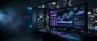 Financial trading dashboard with glowing charts and graphs on computer monitors in dark modern office environment for business analytics and market data visualization.