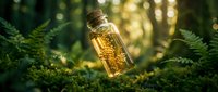 Glass bottle filled with glowing golden liquid suspended among lush green moss and ferns in forest setting, representing natural wellness, herbal remedies, and botanical extracts.