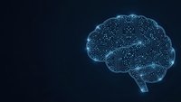 Digital brain with circuit board patterns on dark blue background for artificial intelligence and technology concepts.