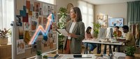 Young woman with long brown hair, wearing olive green blazer, presenting blue ascending arrow neon sign in modern creative office workspace with diverse team collaborating at desks, plants, and mood boards.